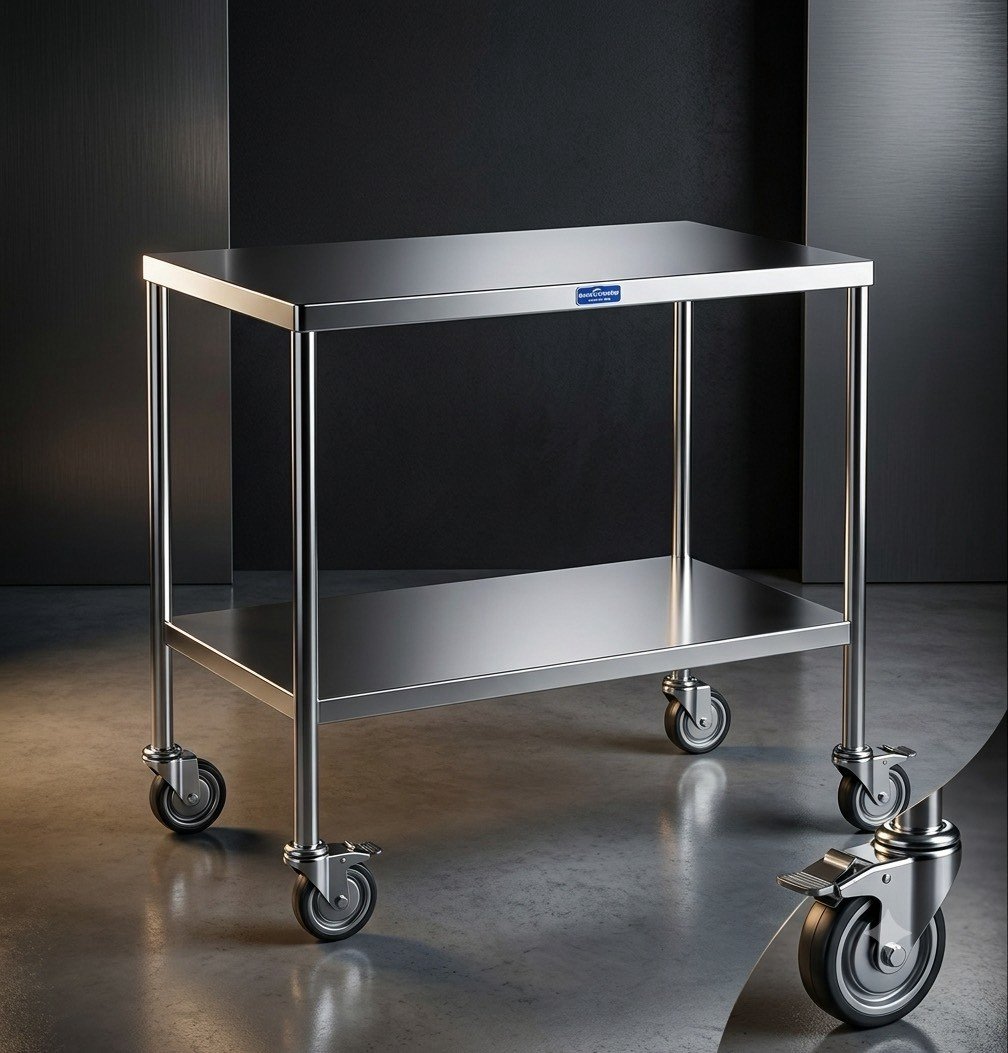 โต๊ะวางเครื่องมือแพทย์ 2 ชั้น(หน้าโต๊ะเป็นพื้นเรียบ) Instrument Size 52x92x80 cm.