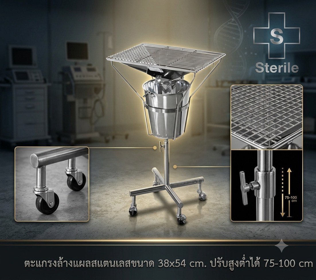 ตะแกรงล้างแผลสแตนเลส ขนาด 38 x 54 CM. ปรับสูงต่ำได้ 75-100 CM.